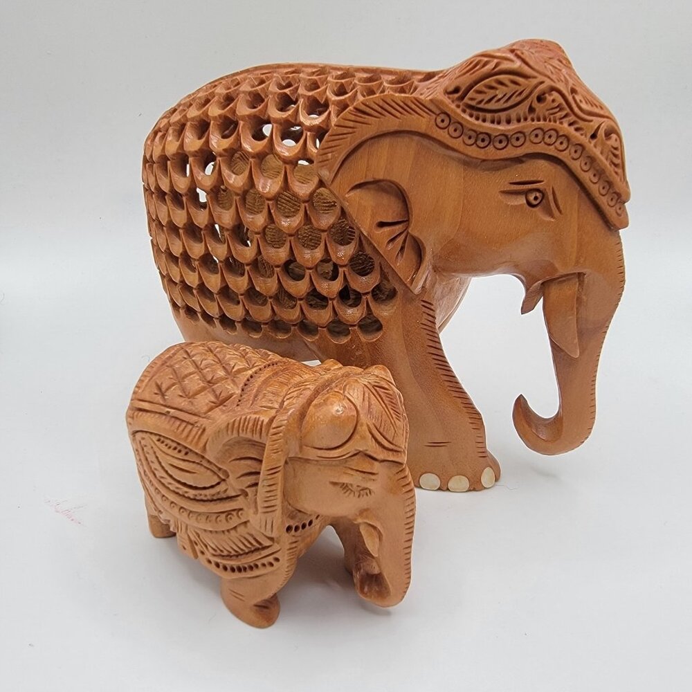 Artisan Created Carved Indian‎ Elephant And Calf Pregnant Mother Teak Wood